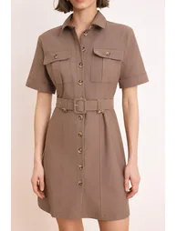 Brown Belt Pack Mini Gabardine Woven Shirt Dress - 2