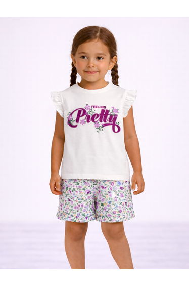Girls Frill Sleeve Top and Floral Shorts Set