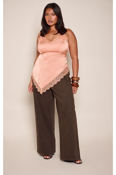 Plus Peach Lace Detail Strappy Asymmetric Cami Top