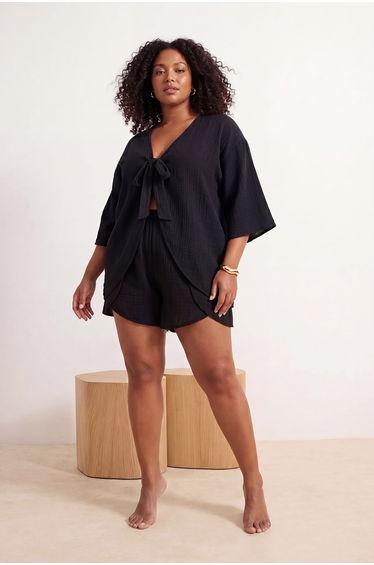 Beach Wear Black Binding Detail High Waist Woven Blouse&Shorts Set