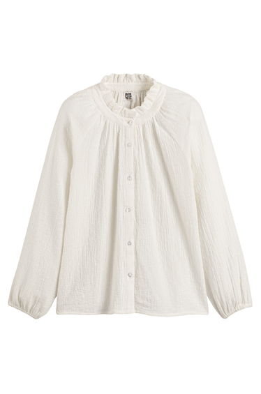 Dotted Cotton Oversize Shirt with Ruffled High Neck