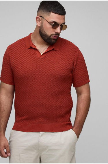 Plus Oversized Boxy Micro Check Crochet Polo Shirt