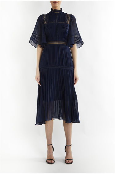 Ellie Navy Mixed Lace Pleated Midi Dress