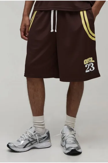 Baggy Fit Mesh Varsity Jersey Shorts - choc brown