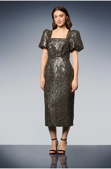 DP Luxe Metallic Jacquard Puff Sleeve Midi Dress