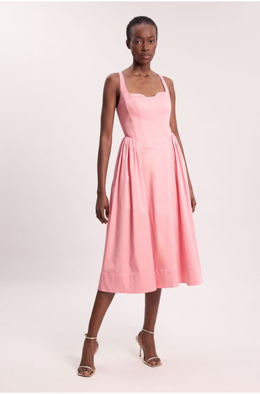 Scattered Floral Cotton Poplin Boned Detail Woven Maxi Prom Dress