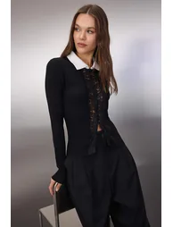 Black Shirt and Tulle Garnished Fitted/Full-Size Knitwear Cardigan - 1