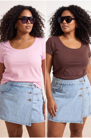 Pink-Brown 2-Pack Soft Basic Knitted Plus Size Blouse