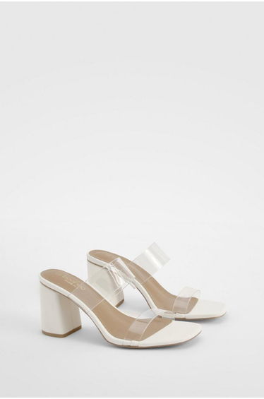 Wide Fit Clear Double Strap Block Heel Mules - white
