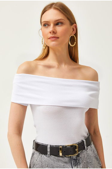 Women's White Madonna Collar Lycra Blouse