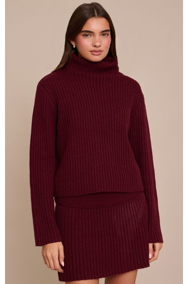 Dark Cherry Knitted Roll Neck Jumper