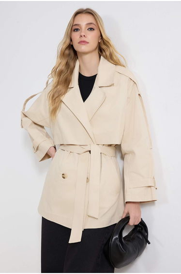 Stone Oversize Belted Double-Breasted Midi Trench Coat