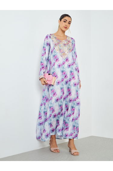 Purple Floral Print Embroidered Jalabiya