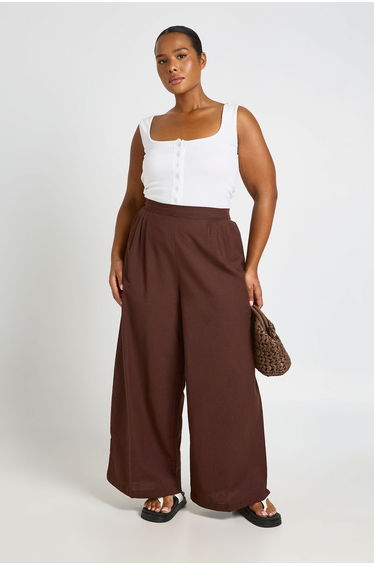 Plus Linen Look Pleated Wide Leg Trouser - chocolate