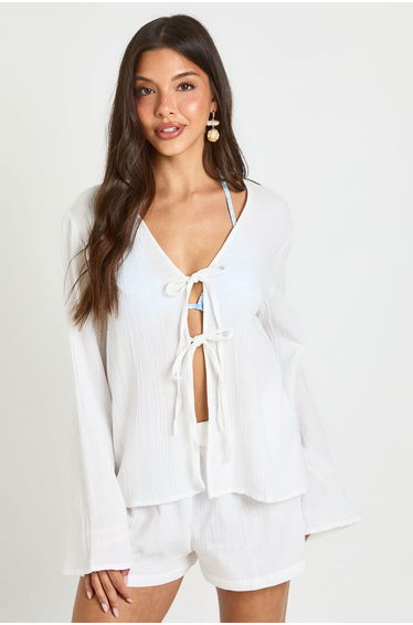 Tie Front Detail Top & Short Beach Co Ord - white