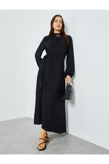 Black Pleated Detail Balloon Sleeve Maxi Dress