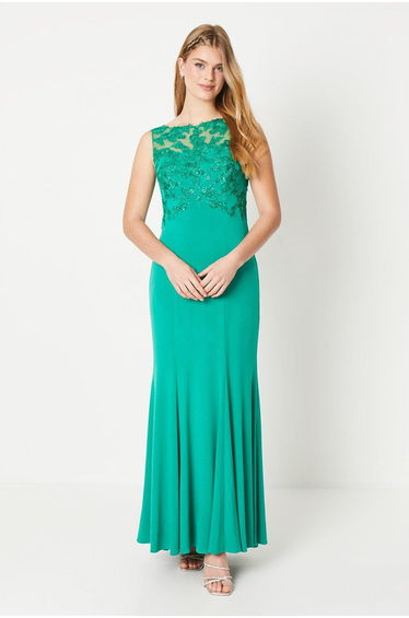 Debut London by Coast Slash Neck Open Back Applique Prom Dress - emerald