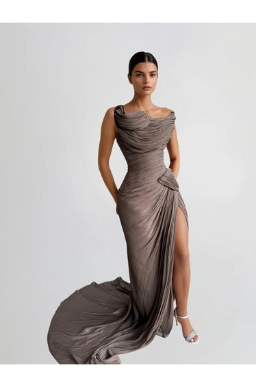 Kawasakix Strapless Ruched Split Maxi Dress In Mauve Brown