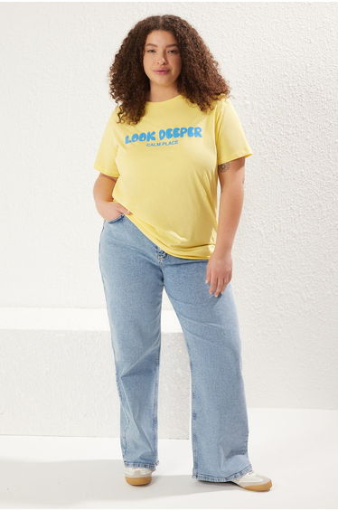 Yellow Slogan Printed Boyfriend 100% Cotton Knitted Plus Size T-shirt