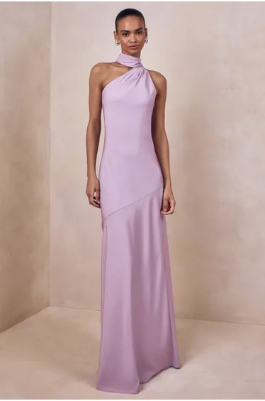 Cara | Lilac Satin High-Neck Maxi Dress