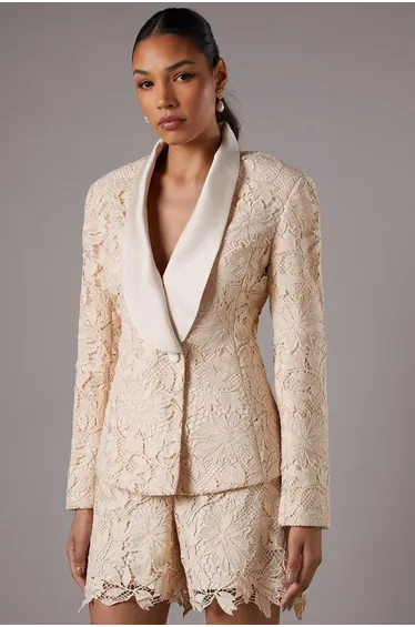 Lace Double Breasted Blazer With Satin Lapel