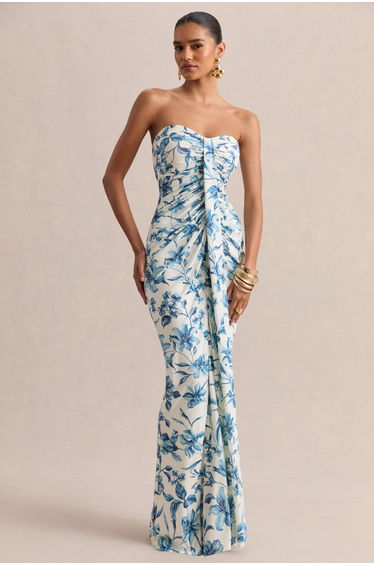 Ali | Blue Porcelain Print Sweetheart Ruched Wrap Maxi Dress