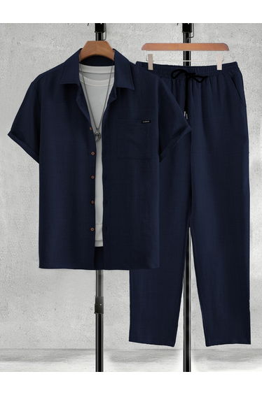 Men Navy Solid Shirt and Pants Co-ords