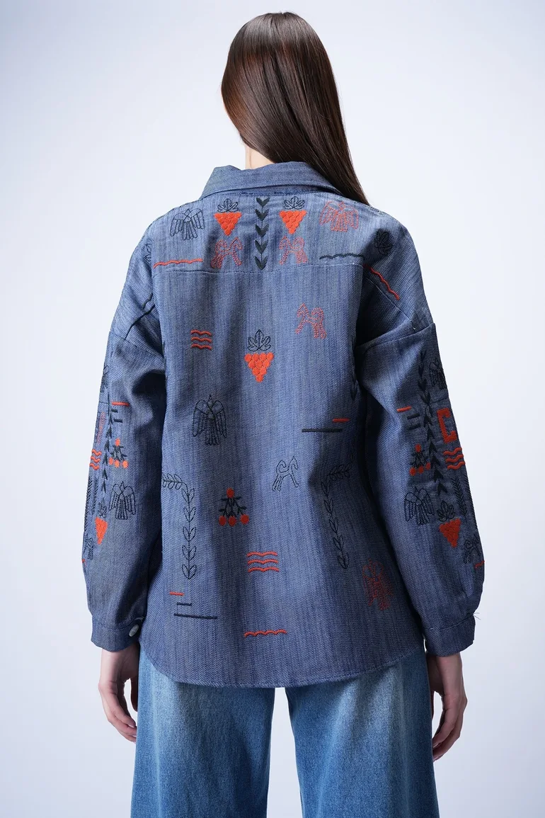 Women's Blue Embroidered Jean Shirt Jacket - 5