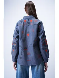 Women's Blue Embroidered Jean Shirt Jacket - 5