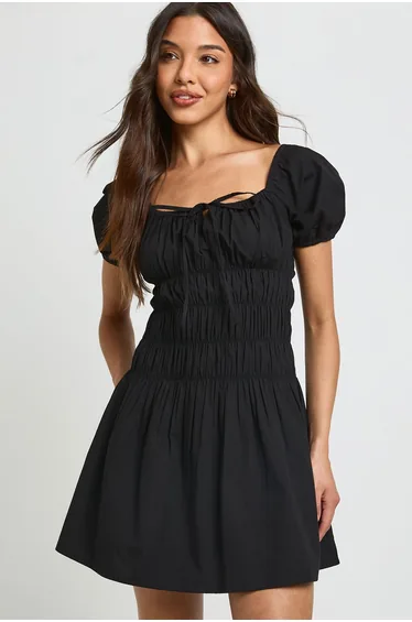 Cotton Poplin Shirred Bodice Puff Sleeve Mini Dress - black