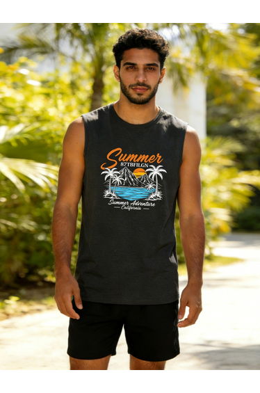 Men Charcoal Graphic Print Round Neck Tank and Shorts Co-Ords