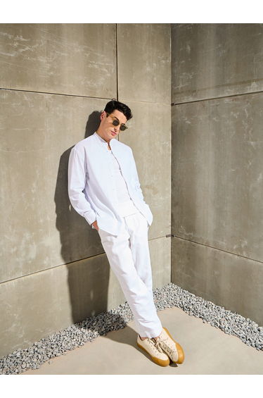 Men White Striped Mandarin Collar Relaxed Fit Shirt