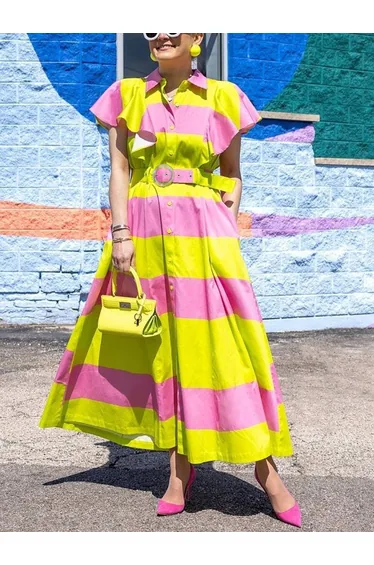 High Waisted Loose Belted Buttoned Contrast Color Pleated Pockets Lapel Maxi Dresses Shirt Dress