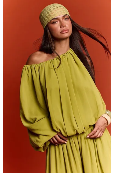 Green Chiffon One Sleeve Gathered Blouse Co-ord