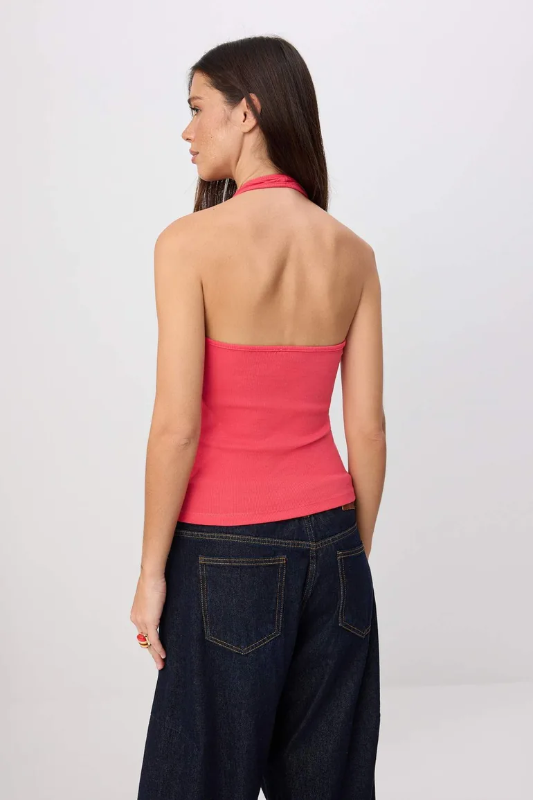 Fuchsia Plain Regular Neckline Tie-Detail Sleeveless Corded Fabric Stretchy Knitted Blouse - 2