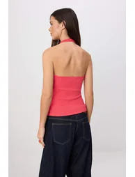 Fuchsia Plain Regular Neckline Tie-Detail Sleeveless Corded Fabric Stretchy Knitted Blouse - 2