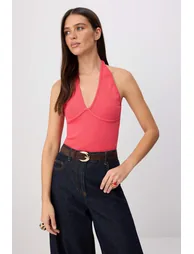 Fuchsia Plain Regular Neckline Tie-Detail Sleeveless Corded Fabric Stretchy Knitted Blouse - 1