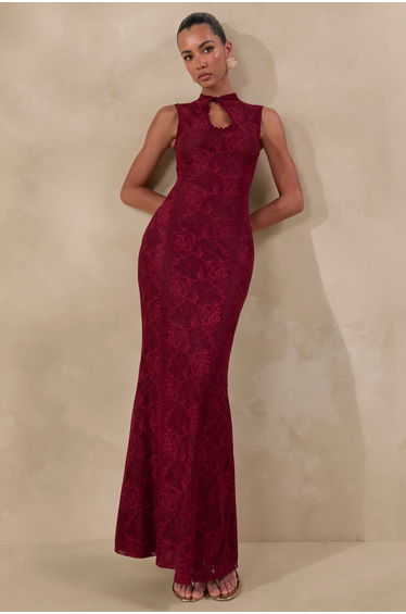 Ravissa | Burgundy Lace High-Neck Maxi Dress
