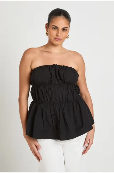 Plus Poplin Shirred Bandeau Top - black
