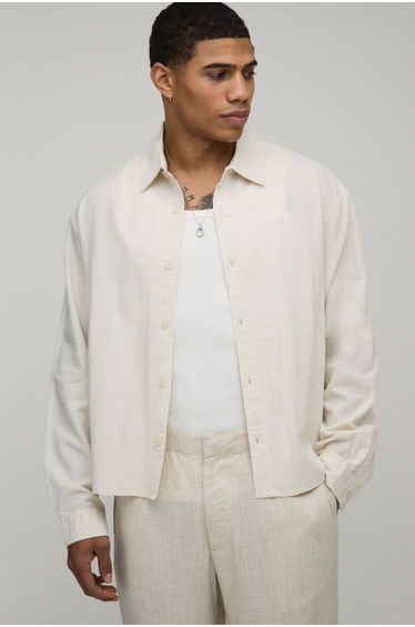 Oversized Boxy Long Sleeve Linen Blend Shirt - natural