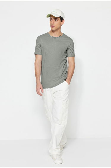 Grey Slim/Slim Cut 100% Cotton Basic Crew Neck T-Shirt