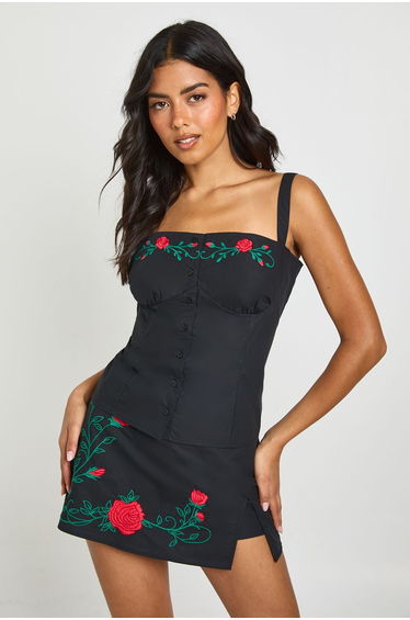 Poplin Embroidered Corset Top - black