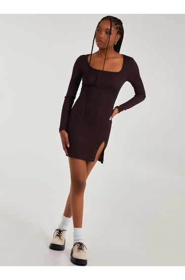 Ribbed Split Hem Square Neck Long Sleeve Dress