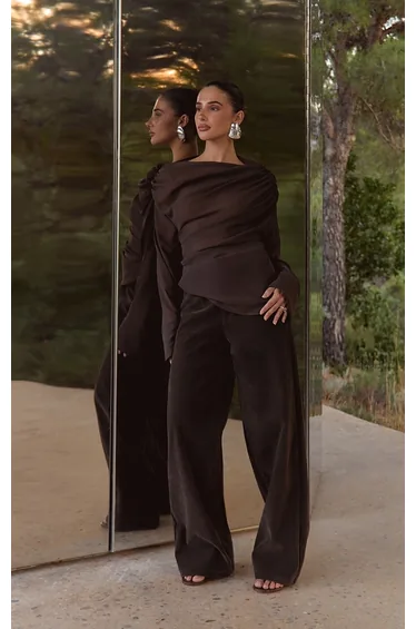 Dark Chocolate Faux Suede Straight Leg Trousers