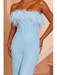First Class | Blue Bandeau Feather Wide Leg jumpsuit - 1