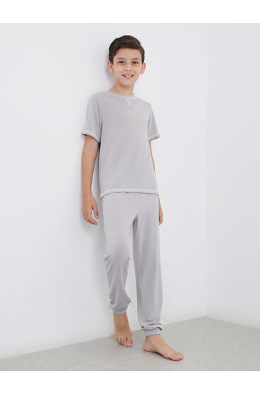Boys Grey Overlock Seam T-Shirt and Pyjama Set