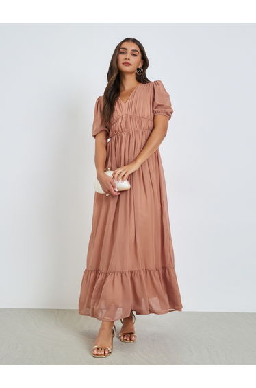 Peach Ruched A-Line Maxi Dress