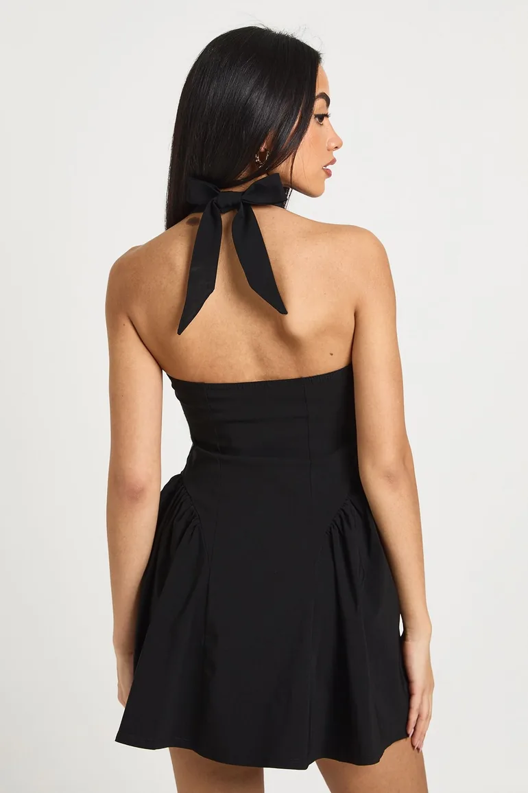 Halterneck Volume Skirt Mini Dress - black - 2