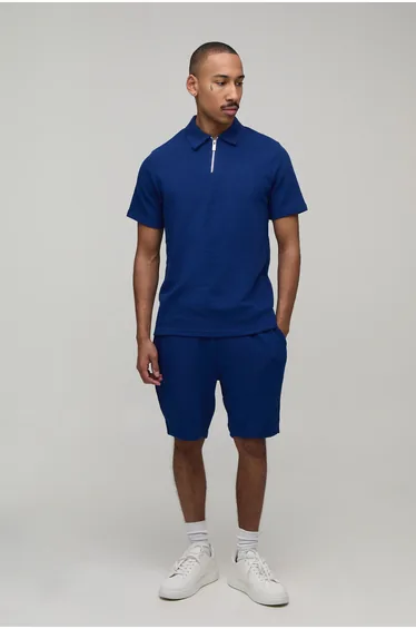 Slim Fit Waffle Zip Neck Polo & Shorts Set - navy