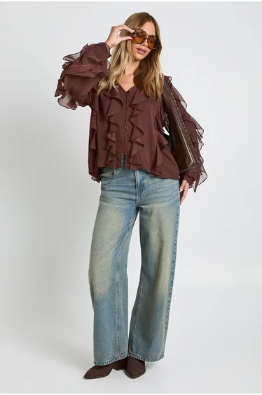 Ruffle Chiffon Blouse - chocolate